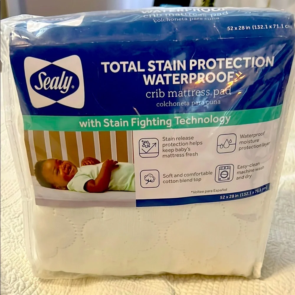 Sealy White Crib Mattress Pad with Stain Protection- New in package